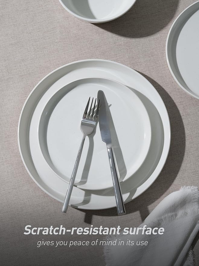 Famiware Saturn Speckled Dinnerware Sets for 8 (24 Pieces), Stoneware Plates and Bowls Dish Set - Chip and Scratch Resistant, Microwave and Dishwasher Safe, White