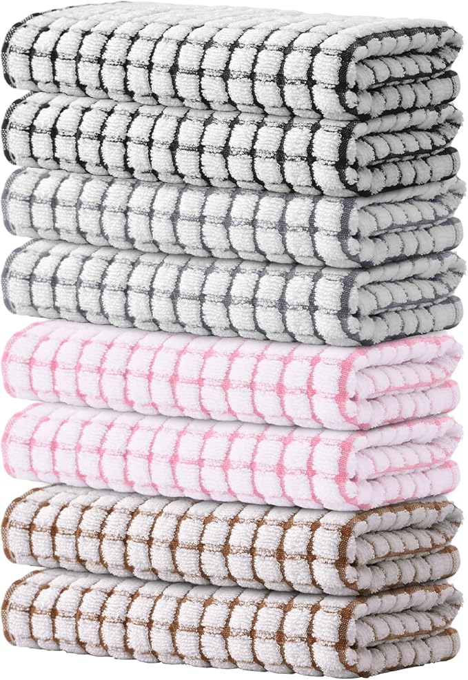 Kitinjoy Cotton 8 Pack Terry Kitchen Towels, 16 x 25 Inches Super Soft and Absorbent Dish Towels, Quick Drying Hand Towels for Kitchen Drying, Mix Color