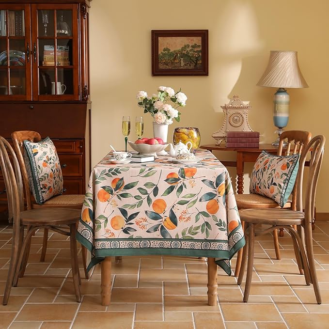patdrea Designer Orange Tablecloth for Rectangle Tables,Framhouse Linen Oranges and Leaves Tree Pattern Linen Tablecloth,Fall Fruits Table Cover Cloth Decor for Kitchen Dining Christmas,63"*87"