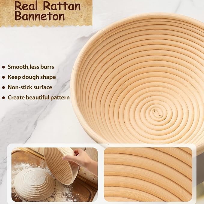 Sourdough Starter Kit, Sourdough Bread Baking Supplies, 40oz Sourdough Starter Jar, 9" Round & 10"Oval Rattan Banneton Bread Proofing Baskets Set, Bread baking tools,Silicone bread Sling
