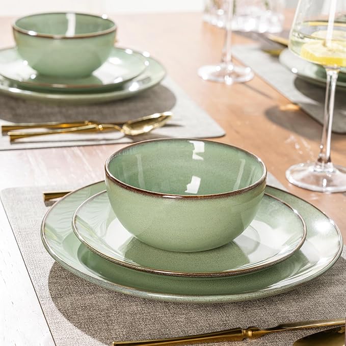 GBHOME Ceramic Dinnerware Sets for 4, 12 Pieces Stoneware Plates and Bowls Sets, Reactive Glaze Dishes -Scratch Resistant, Dishwasher&Microwave Safe-Pastel Green