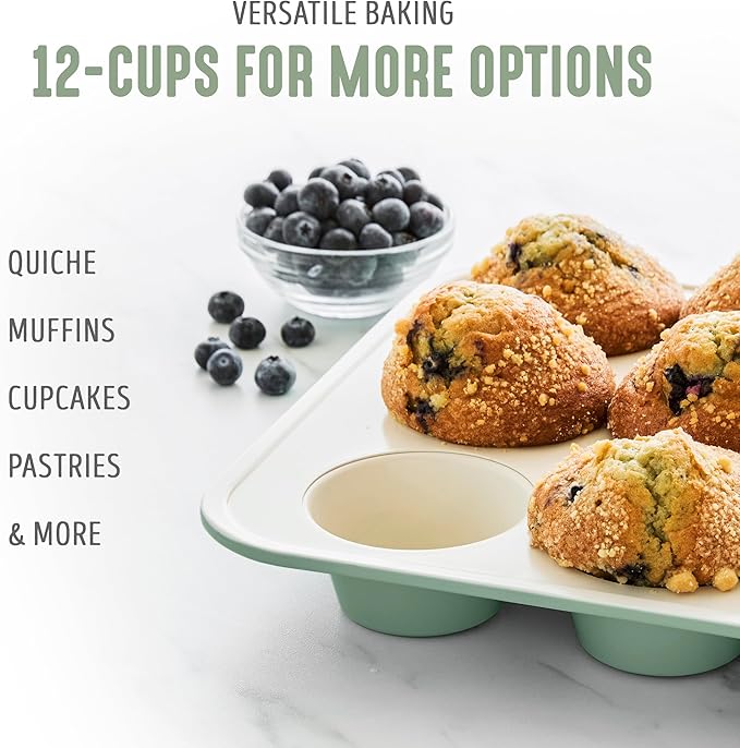 GreenLife 12-Cup Muffin Pan, Healthy Ceramic Nonstick Bakeware, PFOA & PFAS-Free Cupcake Tray, Durable Baking Pan, Versatile Kitchen Essential, Easy Clean Muffin Mold, Nonstick Baking Sheet, Sage