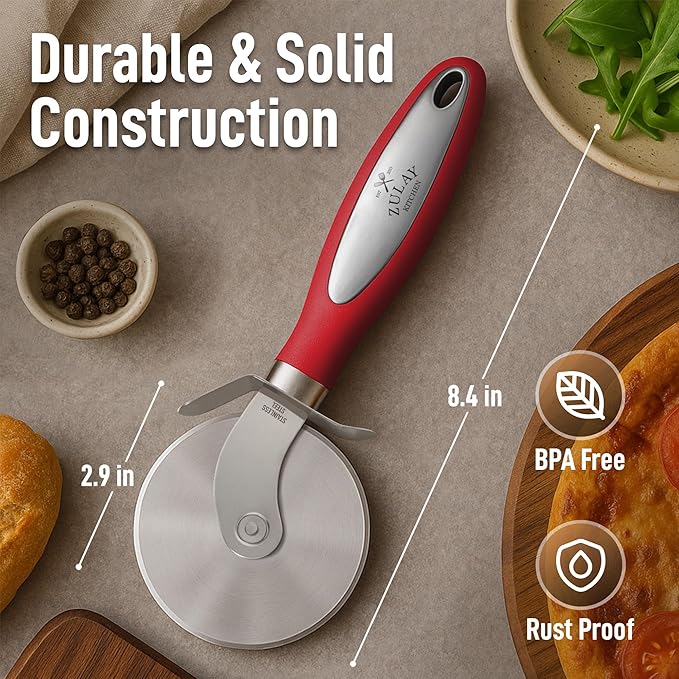 Zulay Kitchen Large Pizza Cutter Wheel - Premium Stainless Steel Pizza Slicer - Easy To Clean & Cut Pizza Wheel - Super Sharp, Non-Slip Handle & Dishwasher Friendly - Red