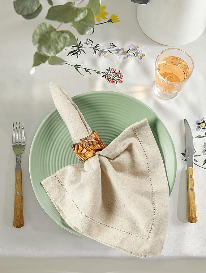 Hausattire Cloth Dinner Napkin Flax Fall Hemstitched Mitered Corner 20x20 Inch Natural Thanksgiving Decorative Soft Durable Table Linen Napkins Ideal for Halloween, Christmas, Cocktail Parties