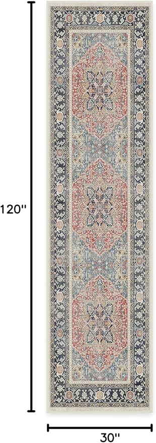 Ruggable Washable 2x10 Runner Rug, Kamran Cayenne Red, Premium Vintage Rugs for Hallway, Kitchen, Entryway, Living Room, Bedroom, Office with Gripper Non Slip Pad