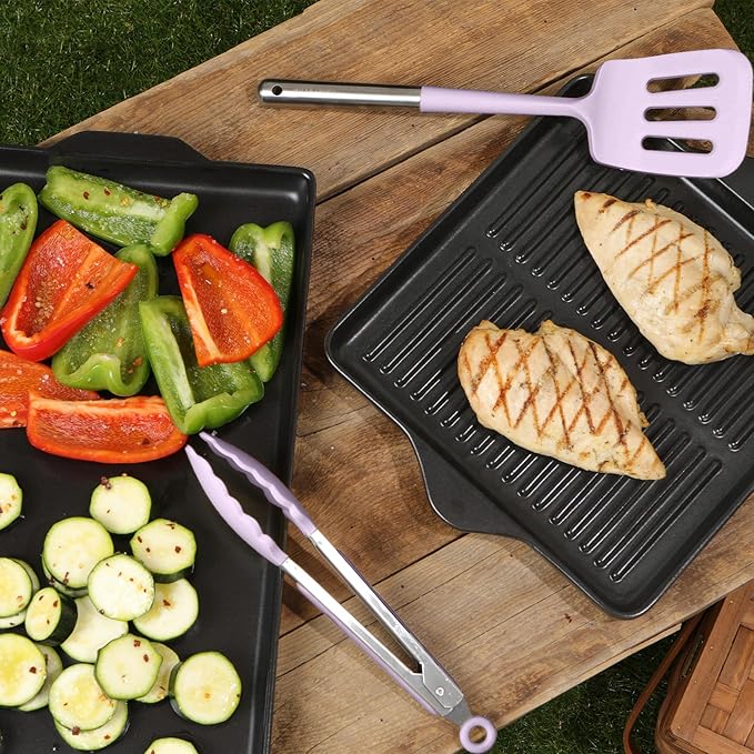 Larder & Vine 12-Piece Silicone Kitchen Cooking Utensils Set with Stainless Steel Handle and Ceramic Holder, Dishwasher Safe Set of Kitchen Essentials (Lavender)