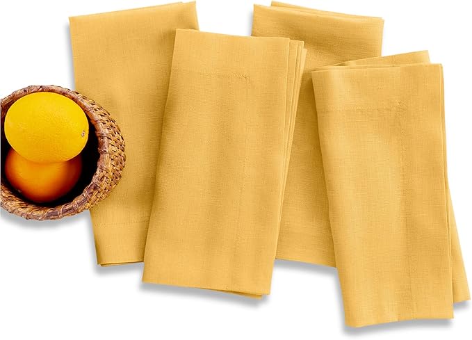 Solino Home Linen Napkins Set of 4-100% Pure Linen Mustard Yellow Dinner Napkins Cloth 20 x 20 Inch for Thanksgiving - Fete, Handcrafted and Machine Washable