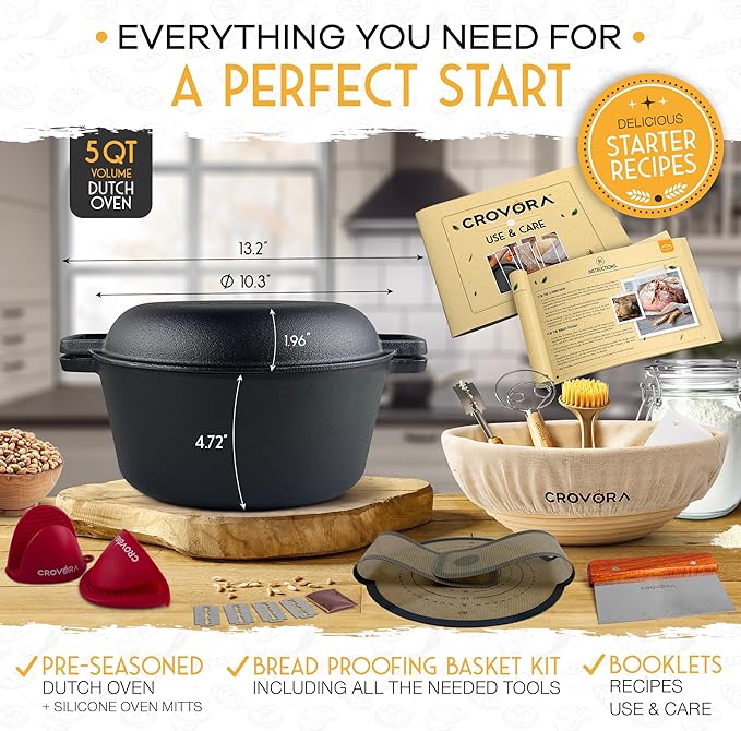 Pre-Seasoned Cast Iron Dutch Oven for Bread Baking with Skillet Lid - Incl. Sourdough Bread Baking Supplies like Banneton Bread Proofing Basket, 5QT Cast Iron Bread Pan, Bread Oven