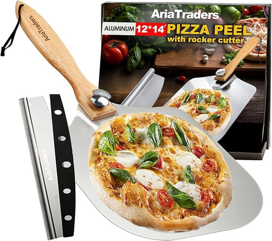 Aluminum Metal Pizza Peel (12" X 14"), Pizza Spatula with 14’’ Rocker Cutter, Pizza Paddle with Foldable Wooden Handle for Easy Storage, Pizza Spatula Paddle for Indoor & Outdoor Ovens