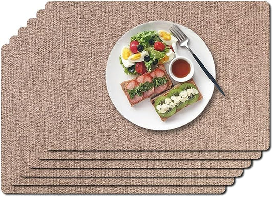 Vinyl Placemats Set of 6-12×17.7 Inch Waterproof & Heattable Placemats, Fall Faux Leather Wipeable Outdoor Table Mat for Dining, Kitchen, Indoor Outdoor Use (Brown, Linen Texture)