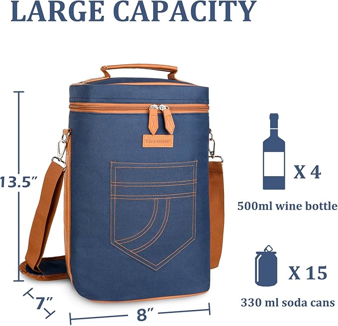Tirrinia 4 Bottle Wine Gift carrier - Insulated & Padded Portable Versatile Wine Carrying Cooler Tote Bag for Travel, BYOB Restaurant, Wine Tasting, Party, Gift for Wine Lovers, Dark Blue