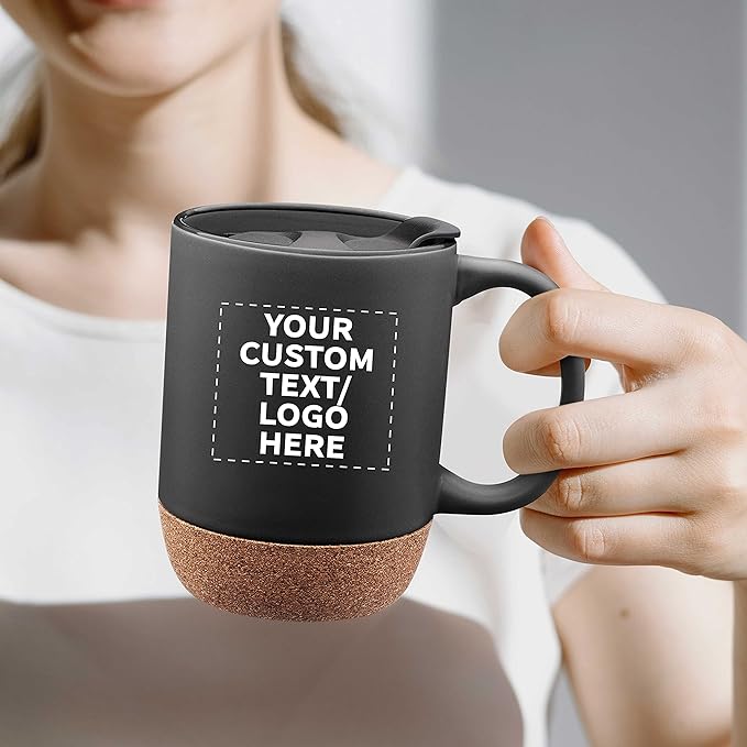 Custom Barista Ceramic Mugs with Cork Bottom 13 oz. Set of 36, Personalized Bulk Pack - Perfect for Coffee, Tea, Espresso, Hot Cocoa, Other Beverages - Black