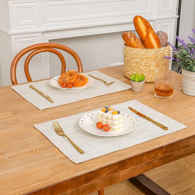 SHACOS Washable Cloth Placemats Set of 4, Double Layer Thick Non Slip Heat Resistant Place Mats, Stain Resistant Faux Linen Modern Farmhouse Table Mats, Ivory
