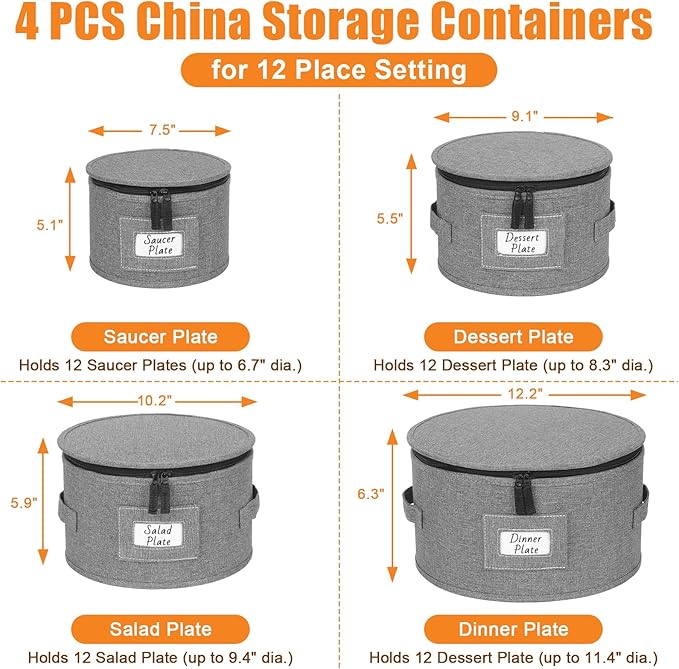 China Storage Containers, 4PCS Hard Shell Dish Storage Containers with Felt Dividers for Charger Plates Dinnerware, Moving Boxes for Dishes, Stackable Plate Storage Cases for 12 Place Setting