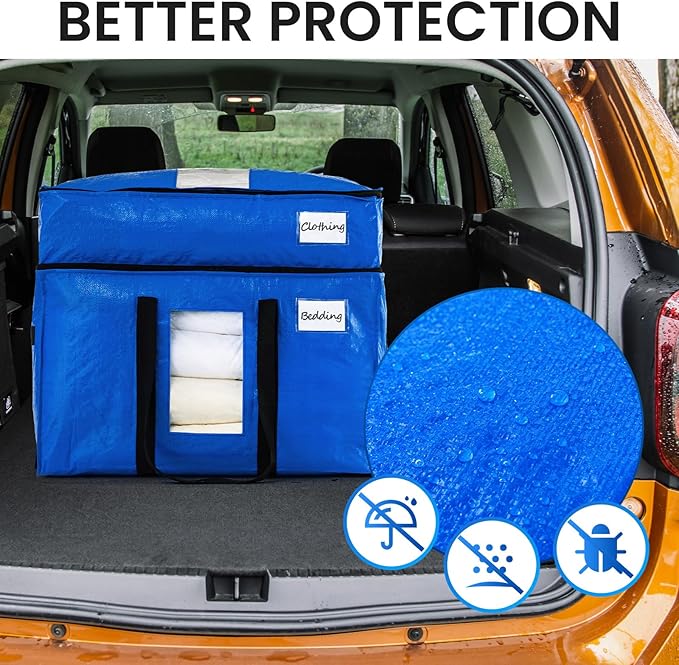 TAILI 2 Tier Extra Large Moving Bags, 2 Pack Blue Heavy Duty Totes for Storage with Visible Window, Wrap Around Handles, Storage Bags for Space Saving, Alternative to Moving Boxes