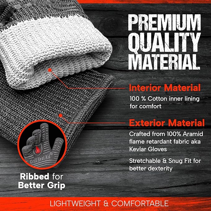 GRILL HEAT AID BBQ Grill Gloves 1472°F - Extreme Heat Resistant Oven Mitts for Grilling, Smoker & Fire Pit with Silicone Grip & EN407 Cut Resistance - Short Cuff, Dusky Gray