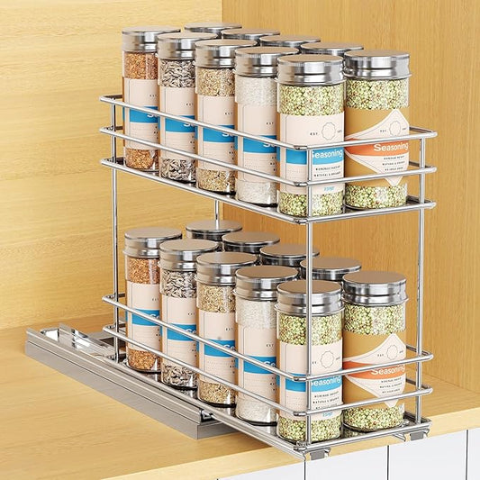 Pull Out Spice Rack Organizer for Cabinet, Slide Out Spice Racks, Easy to Install, 4.0''Wx10.35''Dx8.26''H, 1 Drawer 2 Tiers(Silver)
