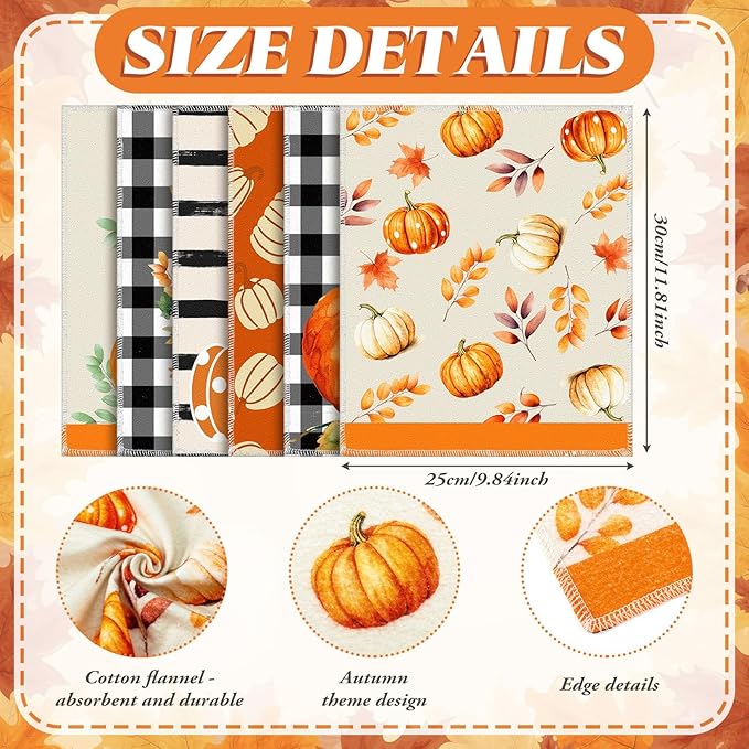 36 Pcs Fall Reusable Paper Towels Rolls Washable Bulk Autumn Pumpkin Black White Plaid Kitchen Towels Paperless Reusable Cloth Cotton Napkins with Cardboard for Kitchen Bathroom
