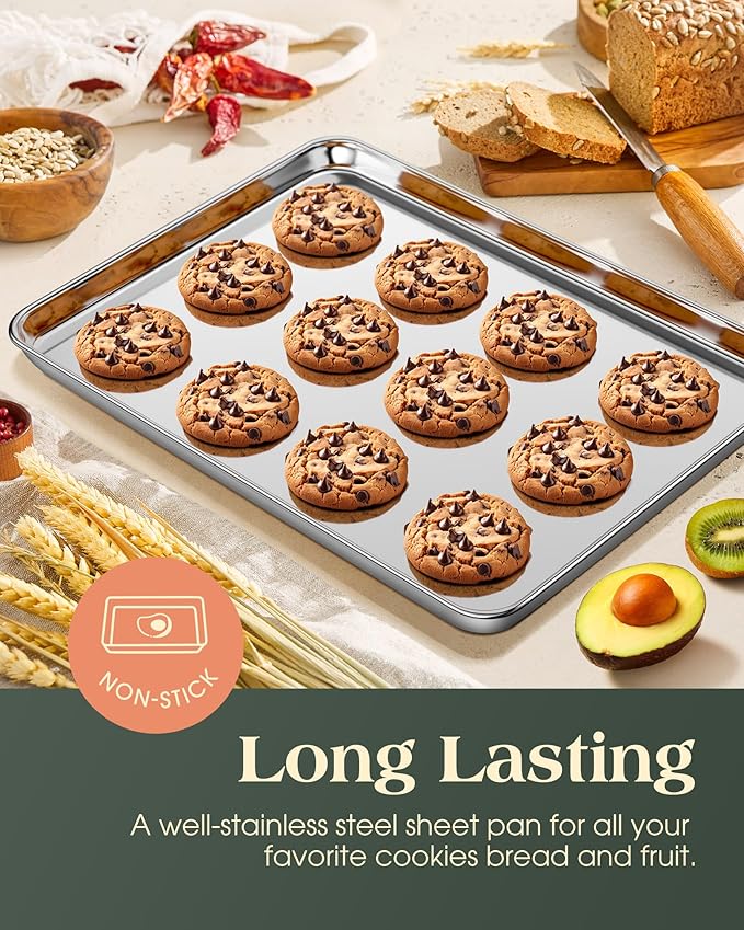 Baking Sheet Set of 2, Commercial Grade Stainless Steel Cookie Sheets for Baking, 18 x 13 Inch Thicker Large Baking Pans Oven Tray, Warp Resistant Nonstick Half Sheet Pan, Nontoxic & Heavy Duty