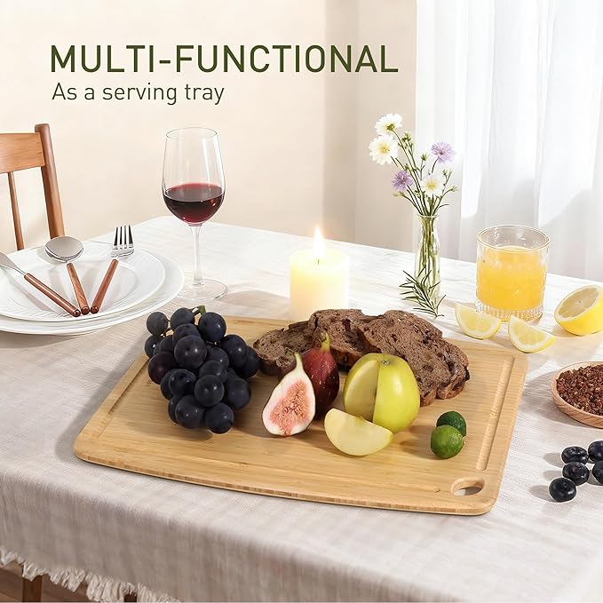 Lightweight Durable Bamboo Cutting Board with Non-Slip Feet, Non Toxic Wooden Cutting Board for Kitchen Heat-Resistant Chopping & Charcuterie Board with Juice Groove Kitchen Essentials for Meat