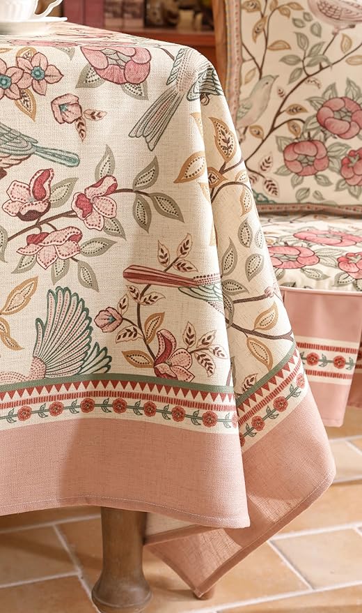 patdrea Designer Pink Linen Table Cloth for Rectangle Table,Vintage Floral with Birds Pattern Decorative Tablcloth,French Table Cover for Kitchen Dining,Thanksgiving,Christmas,63"x110"-Kulom a