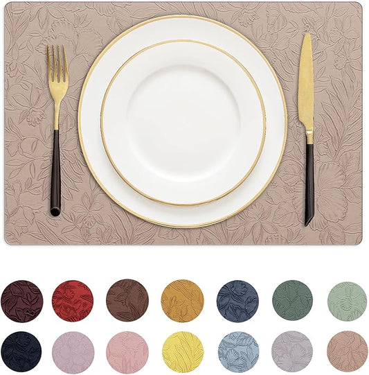Romanstile Vinyl Placemats Set of 4-12 X 18 Inch - Heat Resistant Non-Slip Embossed Floral Place Mats 100% Waterproof Oilproof Wipeable Faux Leather Table Mats for Kitchen/Dining/Party, Khaki