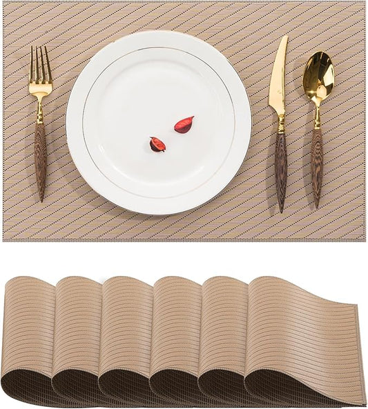 BACKTOEDEN Placemats Set of 6 Heat Resistant Washable Wipeable Placemat Woven Non-Slip Foldable Vinyl/Plastic Place Mats Indoor/Outdoor Mat Kitchen Dining Table Pad, Khaki Twill
