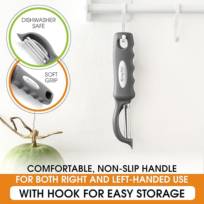Spring Chef Premium Swivel Vegetable Peeler, Comfortable Handle and Ultra Sharp Stainless Steel Blades - Perfect Kitchen Peeler For Veggie, Fruit, Potato, Carrot, Apple - Gray