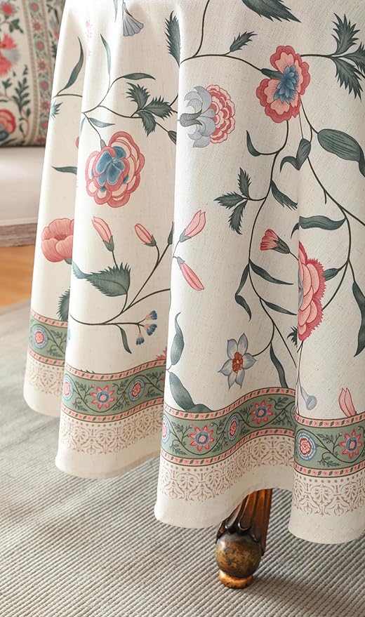 French Tablecloth for Round Tables,Linen Table Cloth with Pink Flowers and Leavs Pattern,Heavy Durable Table Cover for Dining Thanksgiving Kitchen Decor Party Christmas,Diameter 55"