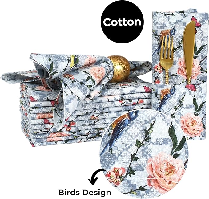 Bedding Craft Cotton Cloth Dinner Napkins Set of 12 – 18x18 Birds Print Design with 1" Fold – Reusable Machine Washable Fabric Napkins for Parties, Dining & Everyday Use