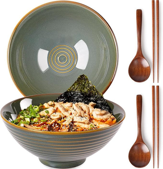 NUTRIUPS 8 Inch Ceramic Ramen Bowl Set of 2 Pho Bowls 40oz Japanese Noodle Udon Soup Bowls with Spoons and Chopsticks (Deep Ocean Green)