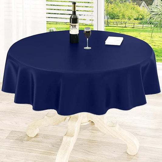 homing Round Vinyl Tablecloth, Waterproof Spillproof Plastic Flannel Backed Table Cloth, Wipe Clean Table Cover for Dining, Buffet Parties and Camping (Navy Blue, 60")