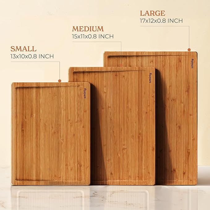 SMIRLY Bamboo Wooden Cutting Boards, Wood Cutting Board for Kitchen, Set of 3 with Deep Juice Grooves, Ideal for Chopping Meat Vegetables, Charcuterie Cheese Serving Tray, Kitchen Gadgets