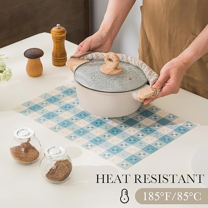 BACKTOEDEN Placemats Set of 12 Heat Resistant Washable Wipeable Placemat Woven Non-Slip Foldable Vinyl/Plastic Place Mats Indoor/Outdoor Mat Kitchen Dining Table Pad, Blue Checkered