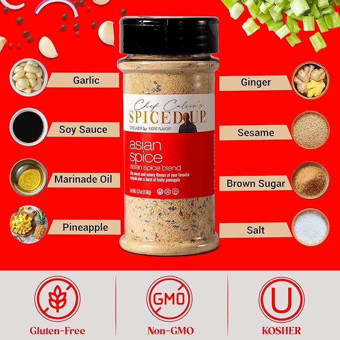 Asian BBQ Seasonings and Rubs for Beef, Salmon & Chicken, Asian Seasoning with Pineapple Ginger & Chili Flakes Sesame Seeds, Scallions | Seafood Seasoning and Spices for Cooking | Kosher, Non-GMO, Vegan, Gluten-Free - 5.3 Oz