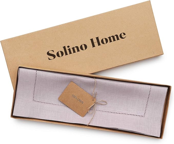 Solino Home Linen Placemats Set of 4 - Classic Hemstitch Lilac Placemats 14 x 19 Inch - 100% Pure Linen Table Mats