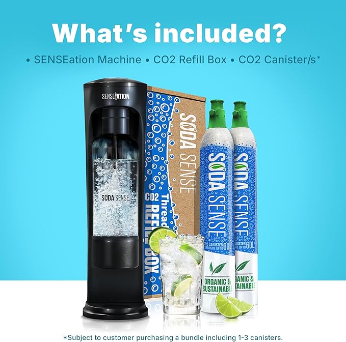 Soda Sense SENSEation Sparkling Water Maker Bundle, Includes Machine, 1 Threaded CO2 Canister & Re-usable Carbonation Bottle