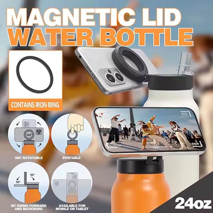 Tumbler with Magnetic Phone Holder Lid – 24 oz Stainless Steel Insulated Cup, Built-in Phone Tripod, Hot & Cold Drinks, Modern & Durable Design (Black)