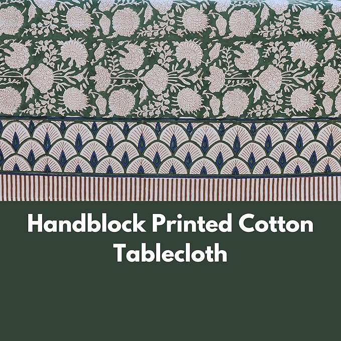 Handblock Print Cotton Tablecloth – 60x90 Rectangle Table Cover Seats 6 – Indian Block Printed Floral Dining Table Linen – Boho Washable Cloth for Kitchen, Party, Outdoor (Mint Green)