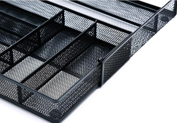 JANE EYRE Utensil Drawer Organizer - Expandable Cutlery Tray, Silverware/Flatware Storage Divider for Kitchen, Mesh Designing with Non-slip Rubber Feet (black)