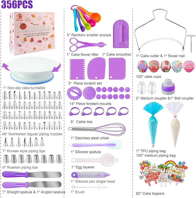Cake Decorating Supplies Kit Tools 356pcs, Nifogo Baking Accessories with Cake Turntable, Pastry Piping Bag, Piping Icing Tips for Beginners