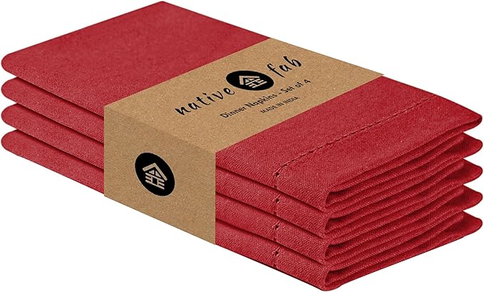 Native Fab Cloth Napkins Set of 4, Hemstitched Edges 100% Cotton, Washable Fabric Napkins 18x18 inch, Soft & Absorbent, Reusable Linen Napkins for Dinner, Table Dining, Events, Party - Red