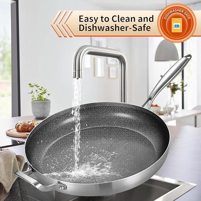 Inqibee 14.5-Inch Hybrid Ceramic Nonstick Tri-Ply Stainless Steel Frying Pan with Lid, Large Skillet,Induction Chef's Cooking Pan,Dishwasher and Oven Safe