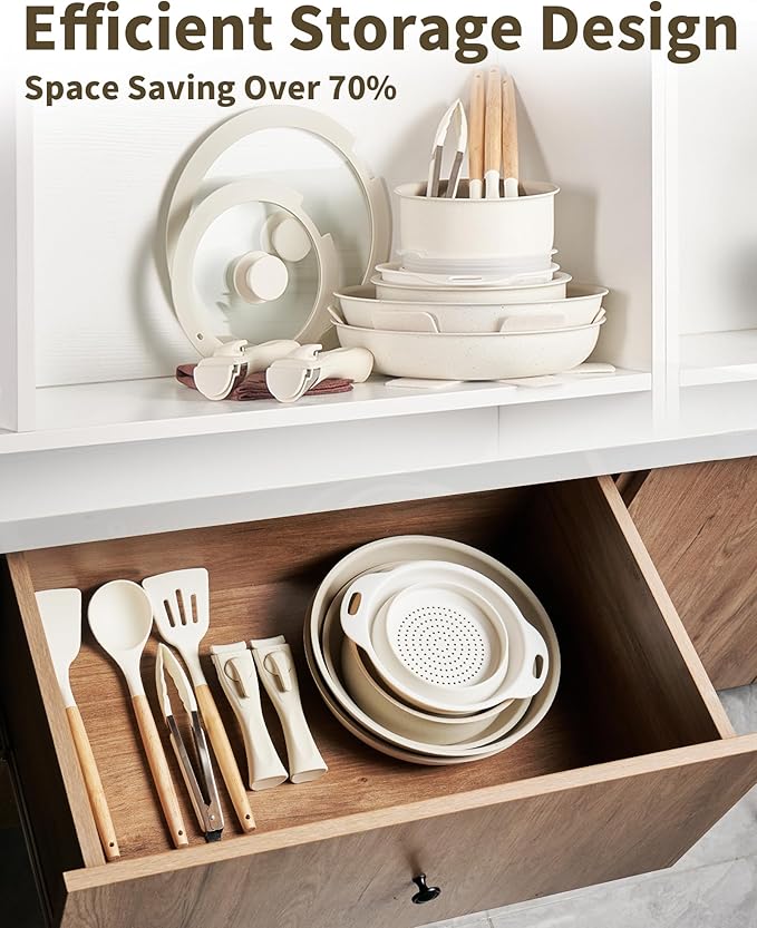 22Pcs Ceramic Cookware Set, Detachable Handle Non Stick Pots and Pans for Oven/Induction, All-in-One Kitchen Utensils Set, Cream White