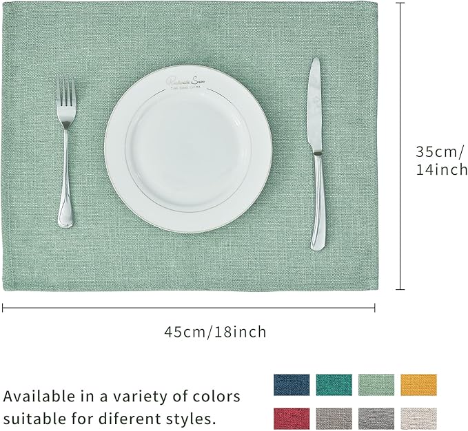 BALCONY & FALCON Placemats Set of 4 Faux Linen Cloth Place Mats Washable Waterproof Wrinkle Resistant Table Placemats for Dining Kitchen Farmhouse Indoor & Outdoor Use(Celadon Green, 13.8”x 17.7”