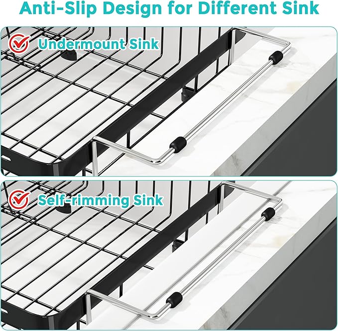 MAJALiS Dish Drying Rack in Sink -Expandable Stainless Steel Over Sink Dish Rack (11.3''-17''), Adjustable Capacity Dish Strainers for Kitchen Sink Counter with Utensil Holder, Black