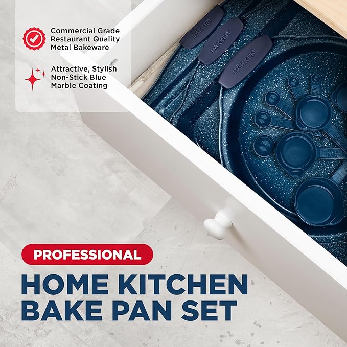 BAKKEN Kitchen Baking Pan Set - Nonstick Coating, Carbon Steel Bakeware Sets with Blue Silicone Handles, Baking Kitchen Essentials, PFOA, PFOS, PTFE Free, Oven Safe Tray (Up To 450° F), Set of 18