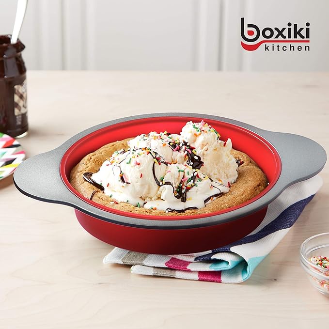 Boxiki Kitchen 9 Inch Non-Stick Silicone Round Cake Pan with Steel Frame Handles - Perfect for Baking Delicious Round Cakes