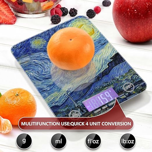 Food Scale Kitchen Digital Scale Food Ounces and Grams Dieting Baking Cooking Waterproof Glass Panels LCD Display,4 Units Scale Tare Function Vangogh Starry Night
