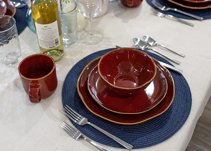 Elanze Designs Reactive Glaze Farmhouse Rustic Boho Ceramic Stoneware Dinnerware 16 Piece Plate Bowl Mug Dish Set - Service for 4, Burnt Auburn Red